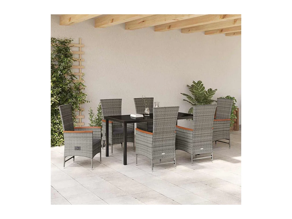 Ensemble de salle à manger jardin 7 pièces avec coussins Rattan poly gris