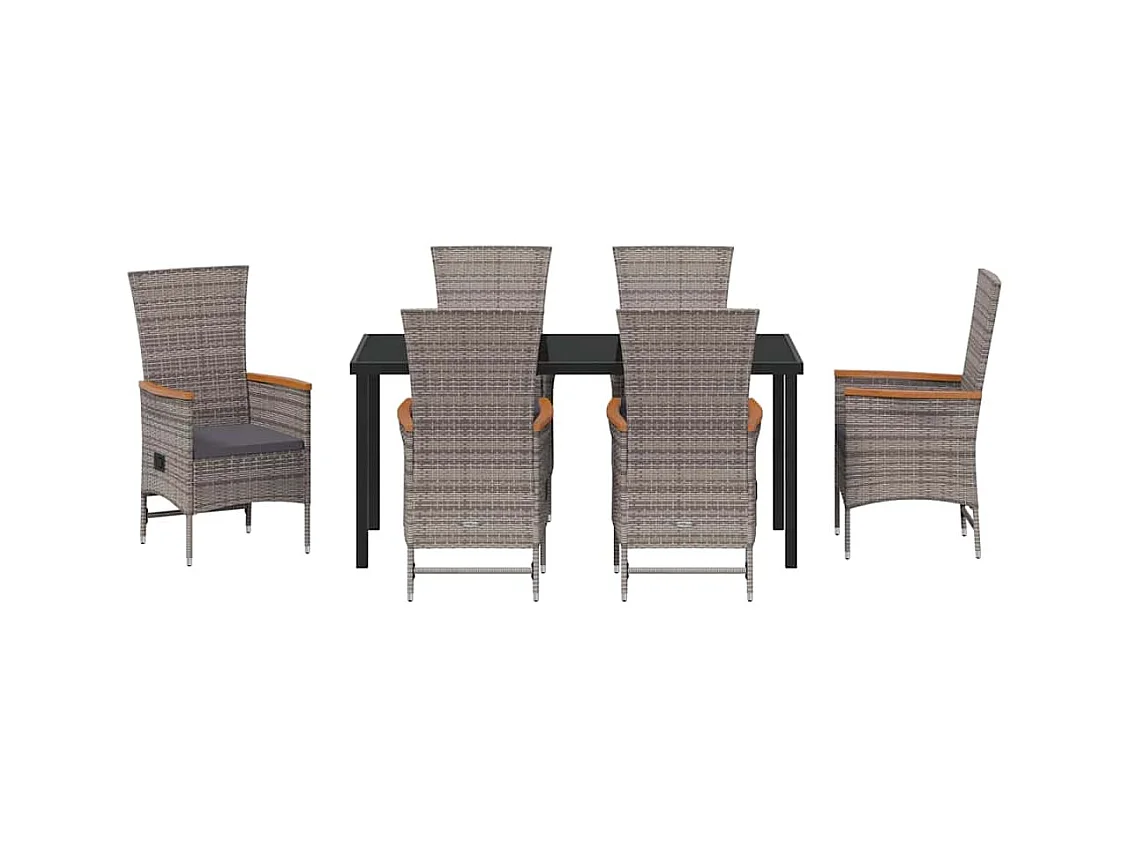 Ensemble de salle à manger jardin 7 pièces avec coussins Rattan poly gris