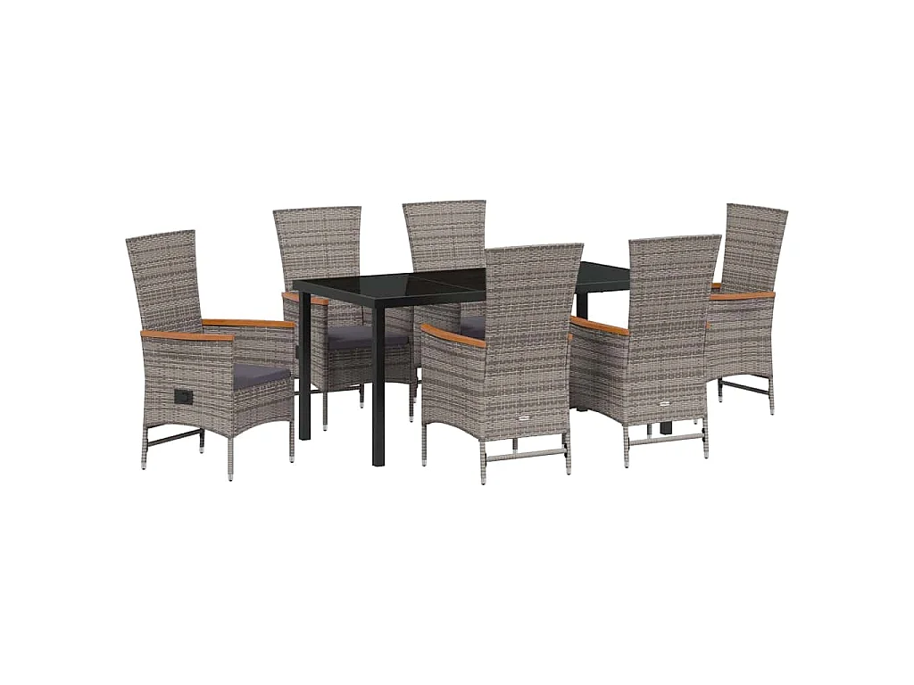 Ensemble de salle à manger jardin 7 pièces avec coussins Rattan poly gris