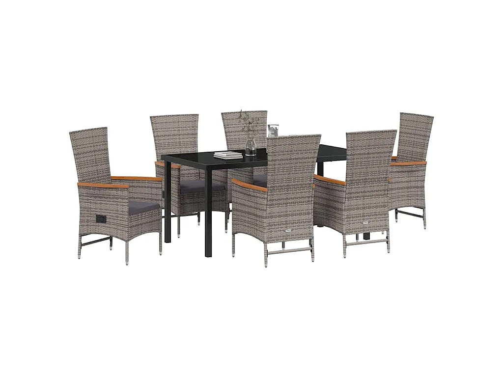 Ensemble de salle à manger jardin 7 pièces avec coussins Rattan poly gris
