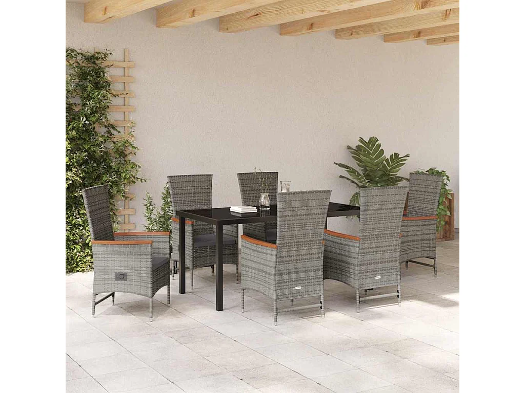 Ensemble de salle à manger jardin 7 pièces avec coussins Rattan poly gris