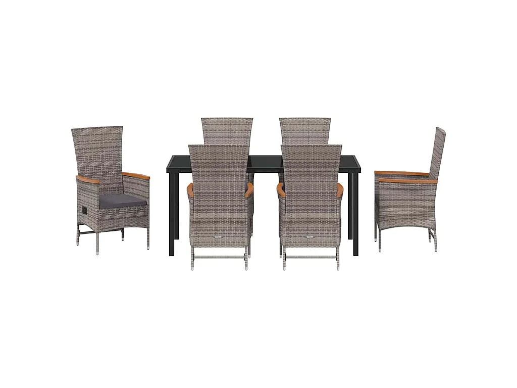 Ensemble de salle à manger jardin 7 pièces avec coussins Rattan poly gris