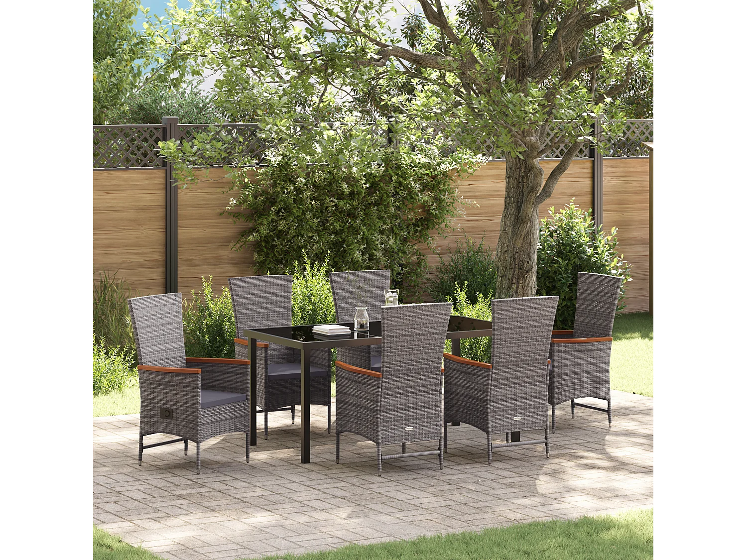 Ensemble de salle à manger jardin 7 pièces avec coussins Rattan poly gris
