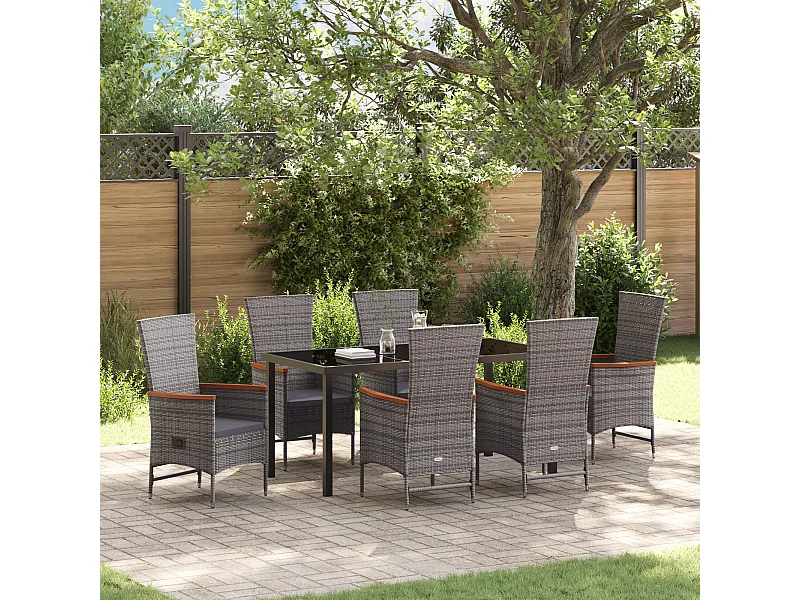 Ensemble de salle à manger jardin 7 pièces avec coussins Rattan poly gris