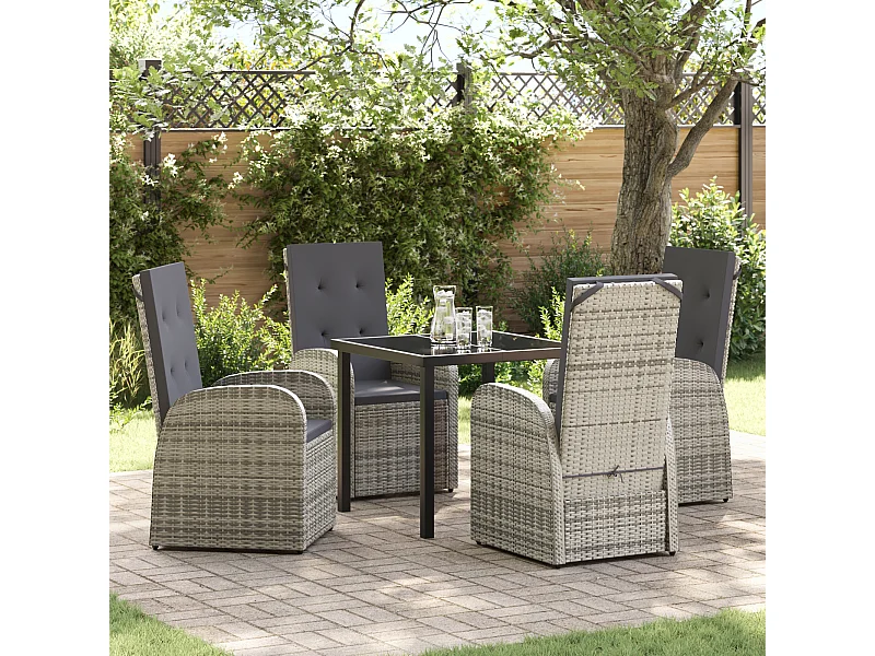 Set da pranzo da giardino 5 pezzi con cuscini in polyrattan grigio