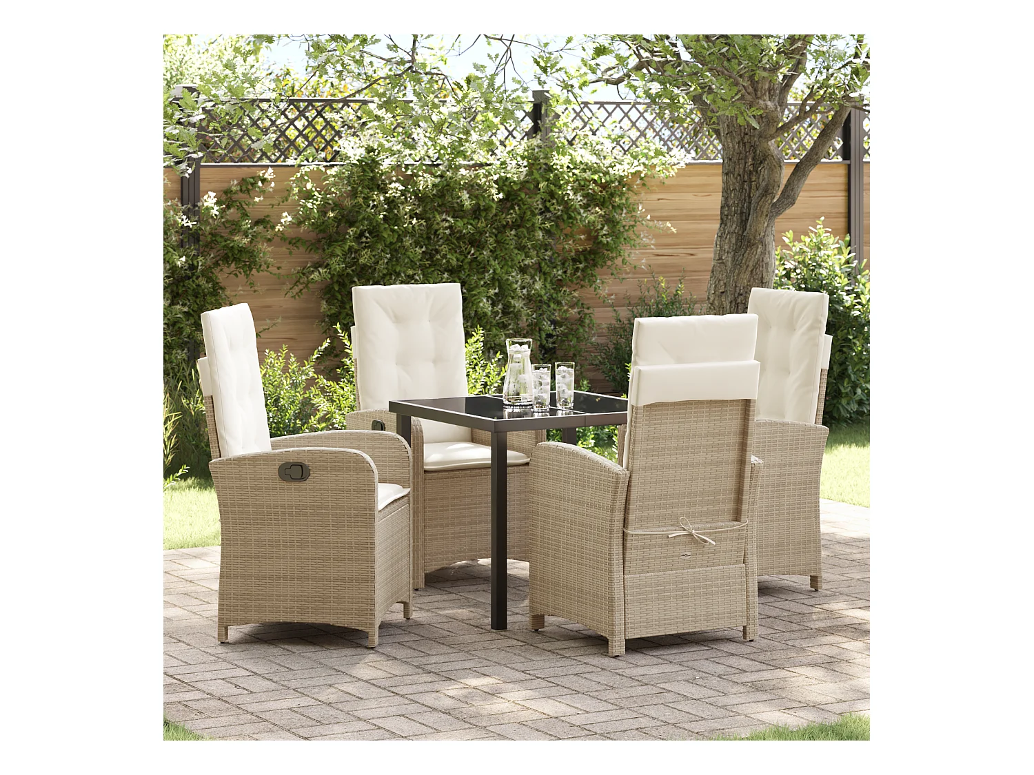Ensemble de salle à manger de jardin 5 pièces avec coussins en poly rattan beige