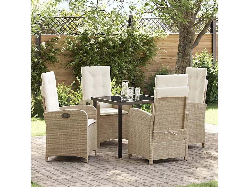 Ensemble de salle à manger de jardin 5 pièces avec coussins en poly rattan beige