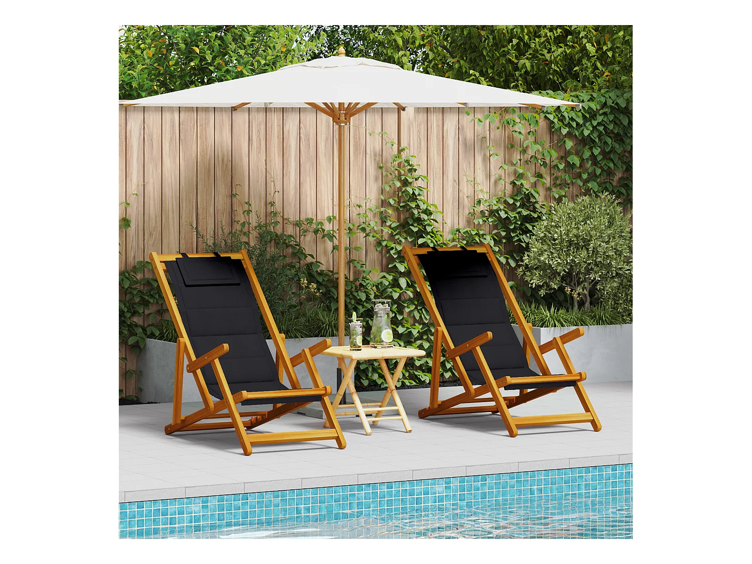 Chaises de plage pliantes 2 pcs Black Bois d'acacia massif & Textilène