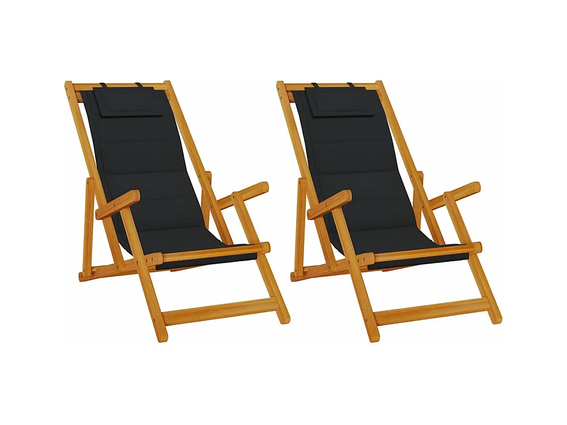 Chaises de plage pliantes 2 pcs Black Bois d'acacia massif & Textilène