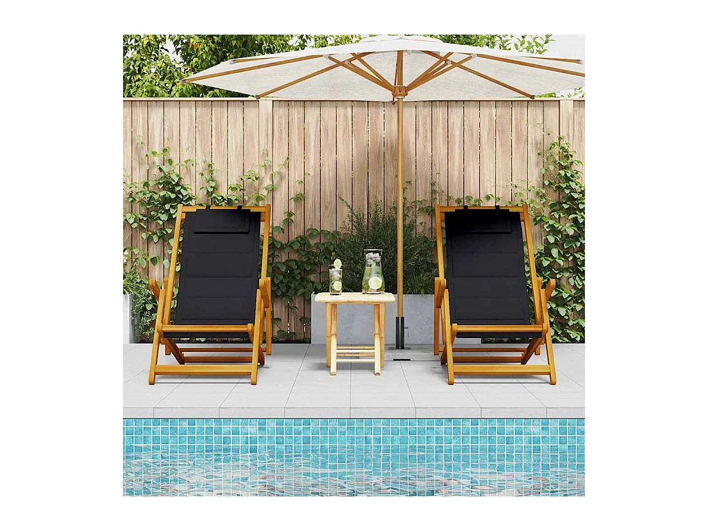 Chaises de plage pliantes 2 pcs Black Bois d'acacia massif & Textilène