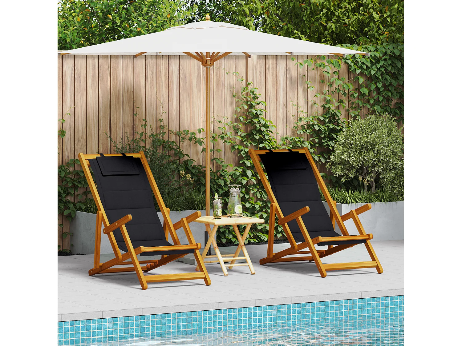 Klappbare Strandstühle 2 Stk. Schwarzes massives Akazienholz & Textilene