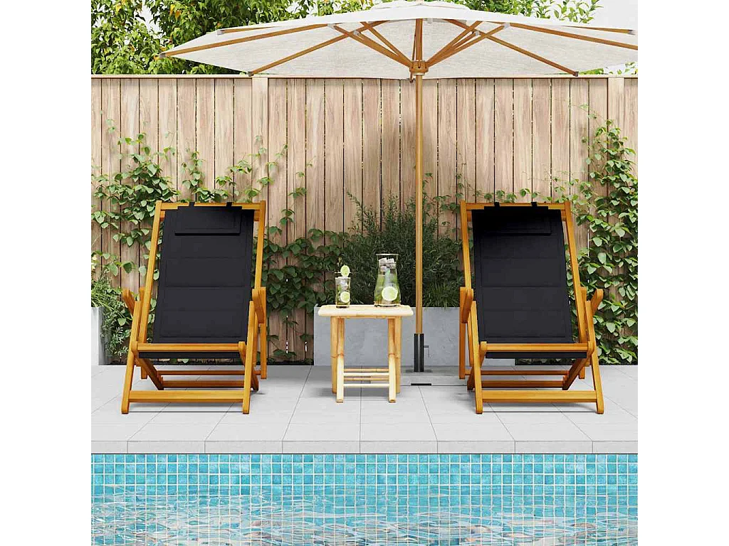 Klappbare Strandstühle 2 Stk. Schwarzes massives Akazienholz & Textilene