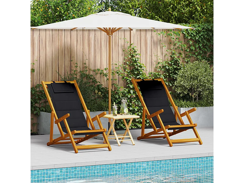 Opvouwbare strandstoelen 2 stuks Zwart massief acaciahout & textiel