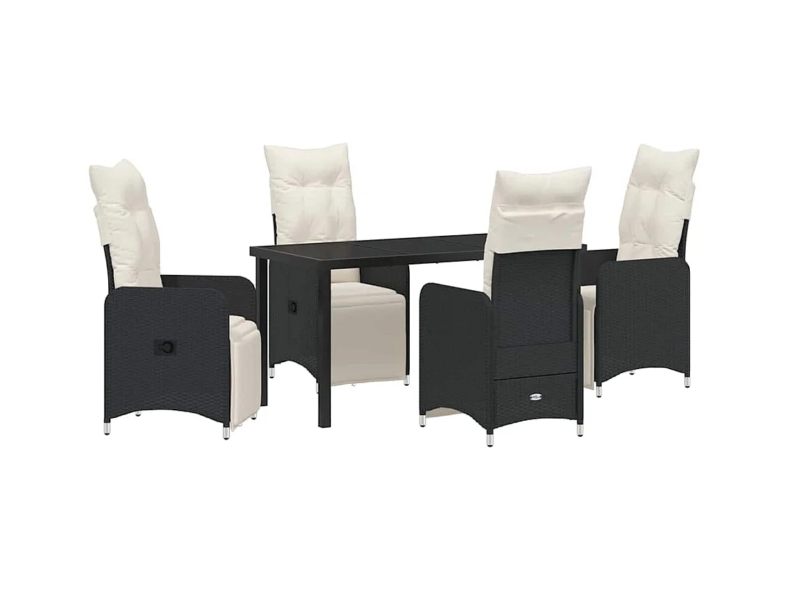 Set da pranzo da giardino composto da 5 pezzi con cuscini neri in rattan sintetico.