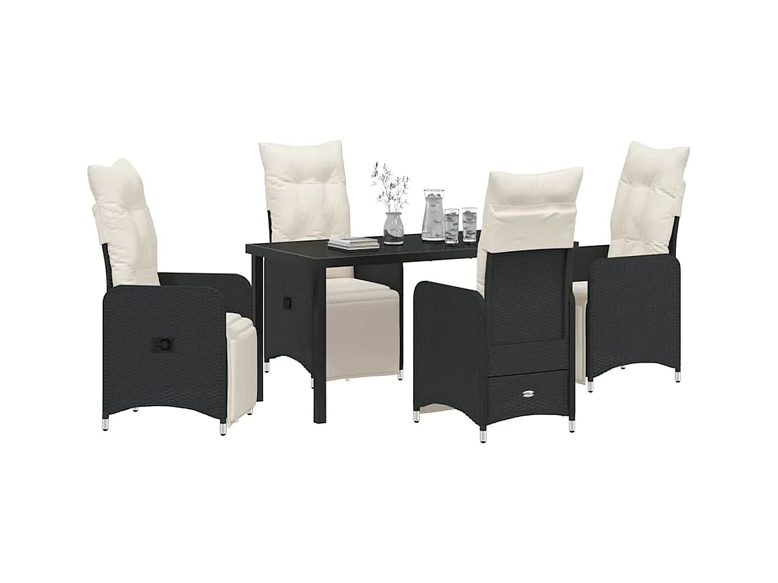 Set da pranzo da giardino composto da 5 pezzi con cuscini neri in rattan sintetico.