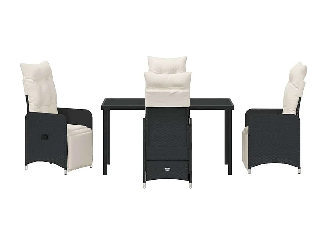 Set da pranzo da giardino composto da 5 pezzi con cuscini neri in rattan sintetico.