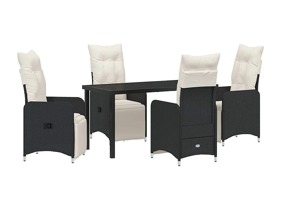 Set da pranzo da giardino composto da 5 pezzi con cuscini neri in rattan sintetico.