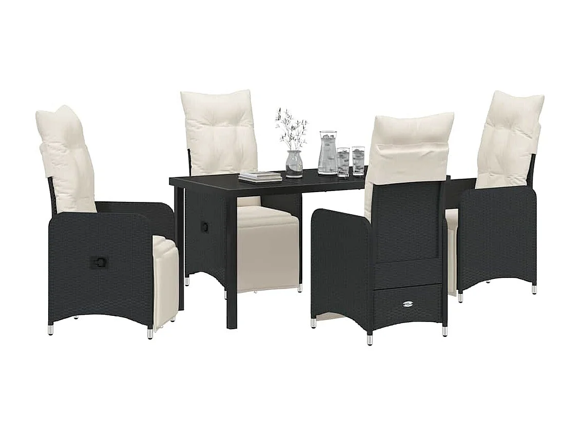 Set da pranzo da giardino composto da 5 pezzi con cuscini neri in rattan sintetico.