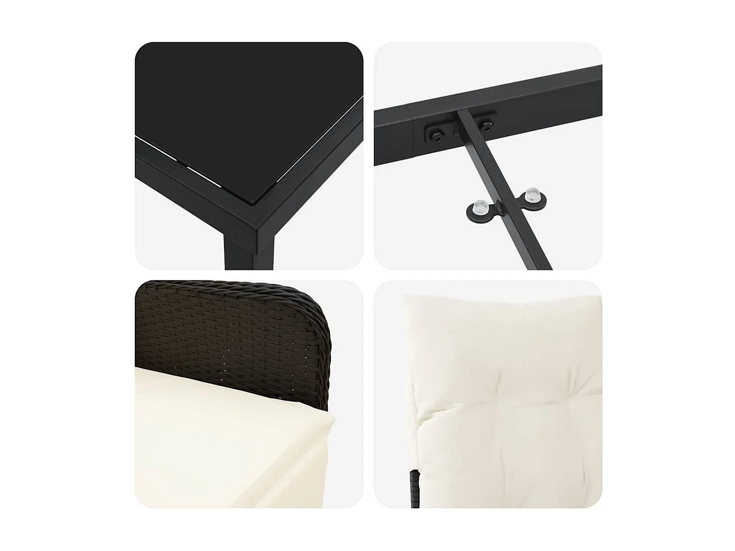 Set da pranzo da giardino composto da 5 pezzi con cuscini neri in rattan sintetico.