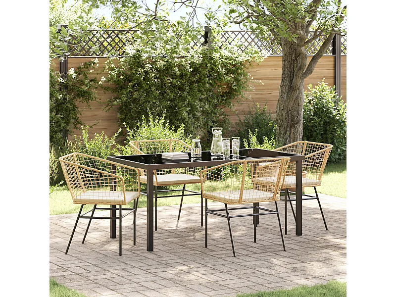 Set de salle à manger de jardin 5 pièces avec coussins marron poly rotin