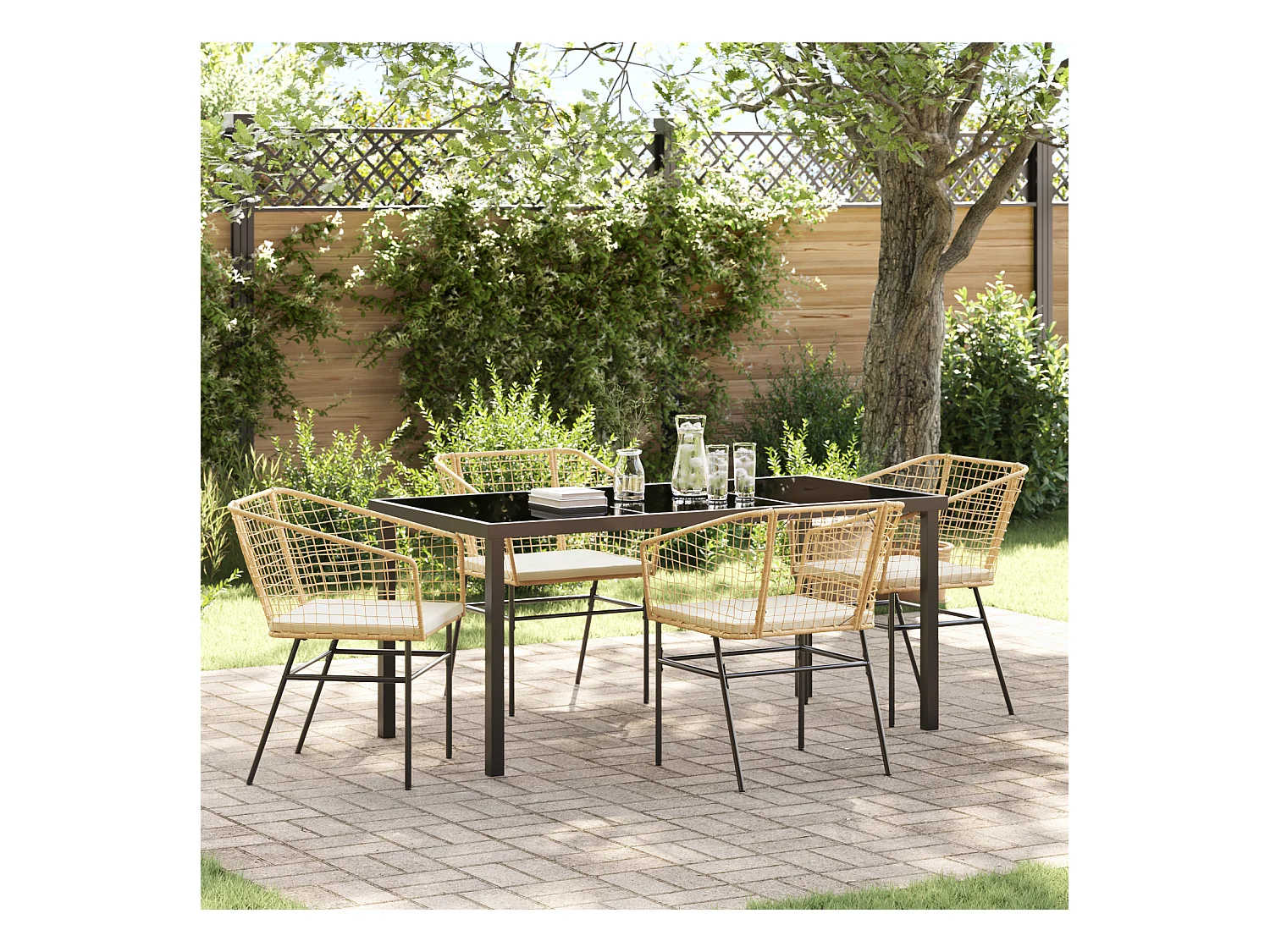 Set de salle à manger de jardin 5 pièces avec coussins marron poly rotin