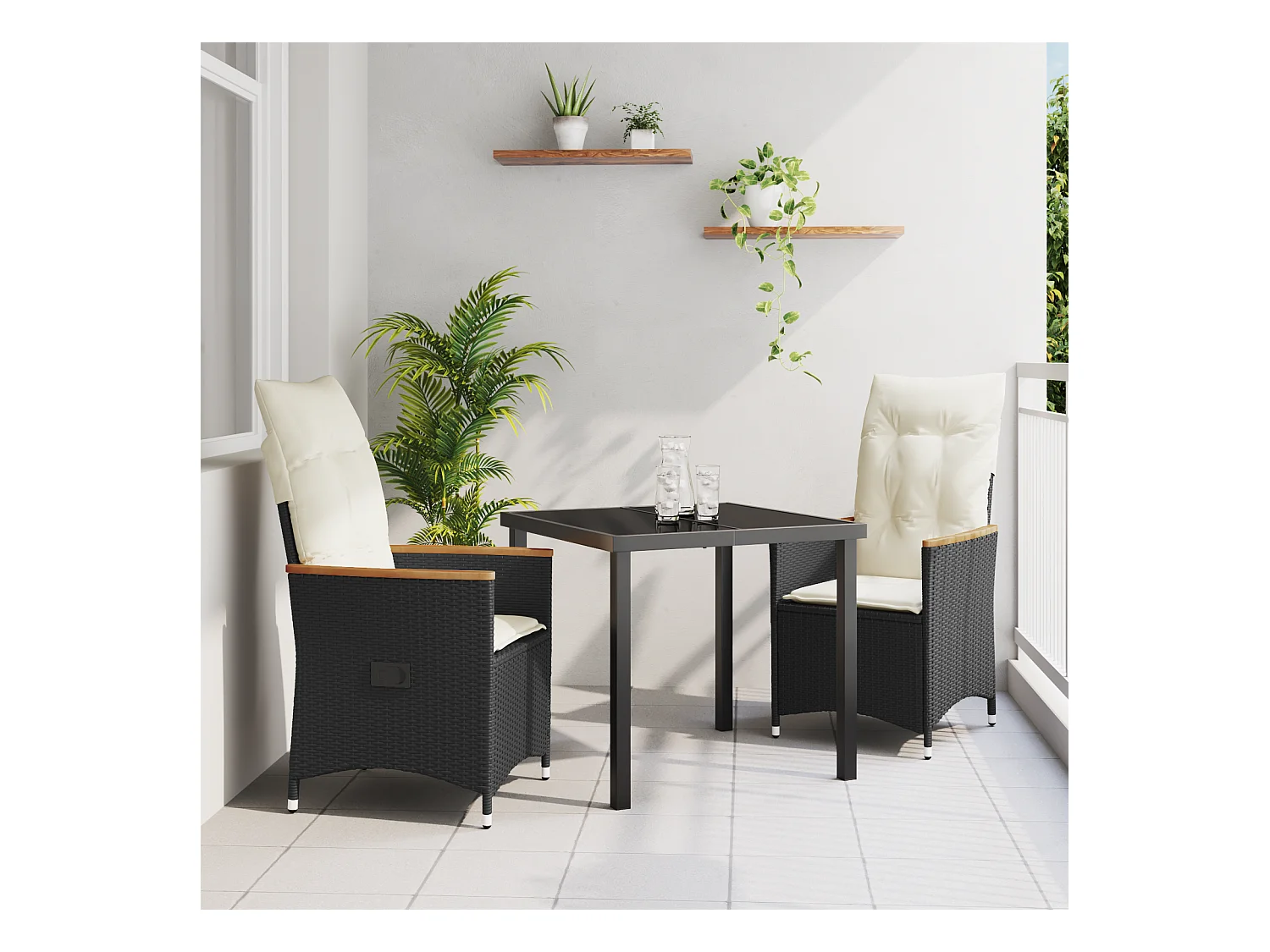 Set da pranzo da giardino 3 pezzi con cuscini in polyrattan nero