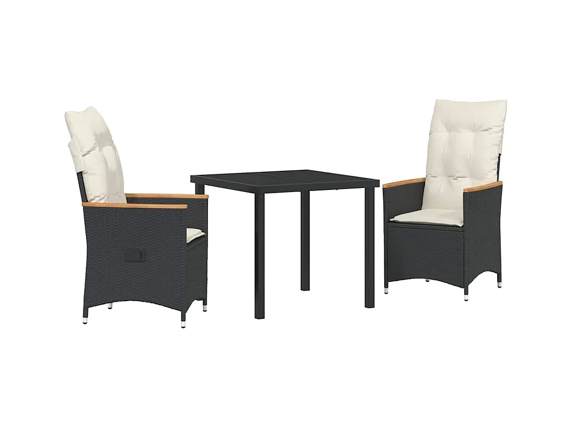 Set da pranzo da giardino 3 pezzi con cuscini in polyrattan nero