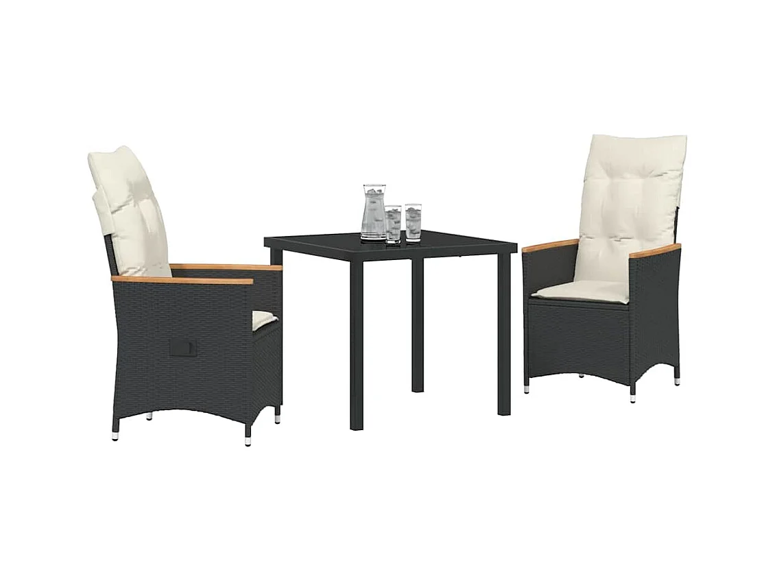 Set da pranzo da giardino 3 pezzi con cuscini in polyrattan nero