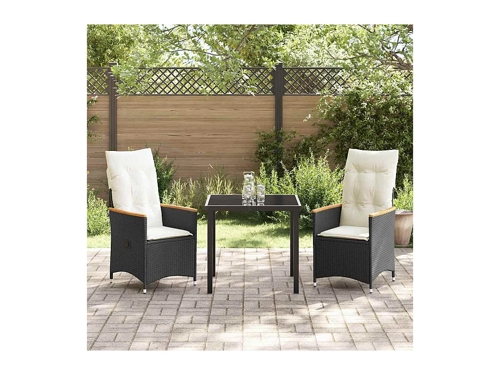 Set da pranzo da giardino 3 pezzi con cuscini in polyrattan nero