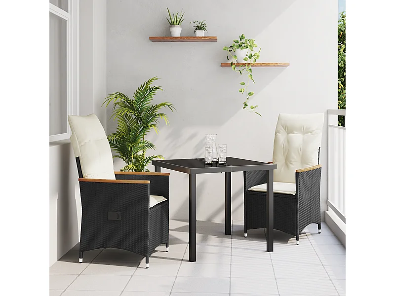 Set da pranzo da giardino 3 pezzi con cuscini in polyrattan nero