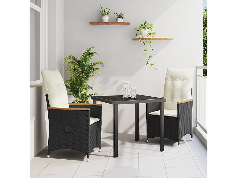 Set da pranzo da giardino 3 pezzi con cuscini in polyrattan nero