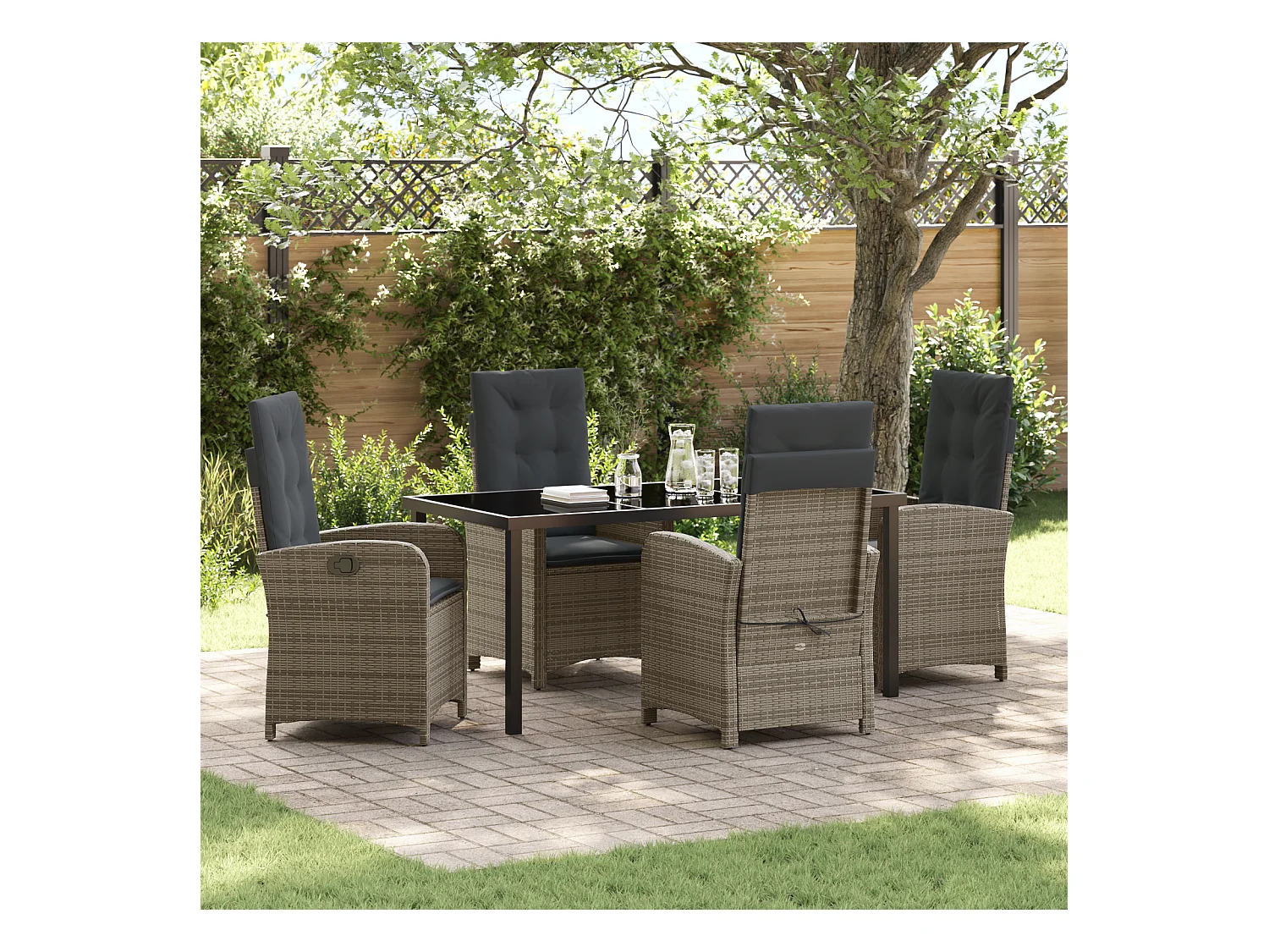 Set da pranzo da giardino 5 pezzi con cuscini in rattan sintetico grigio
