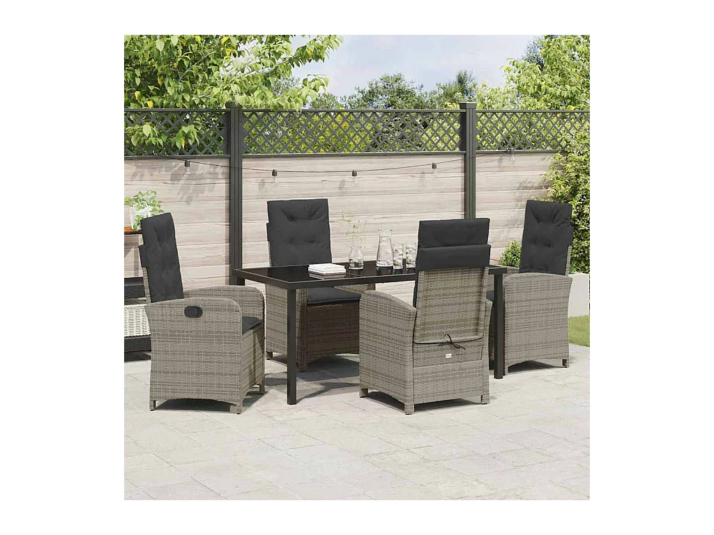Set da pranzo da giardino 5 pezzi con cuscini in rattan sintetico grigio