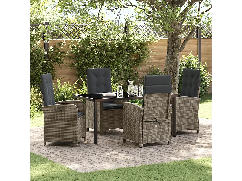 Ensemble de Salle à Manger de Jardin 5 Pièces avec Coussins Gris en Rattan Synthétique