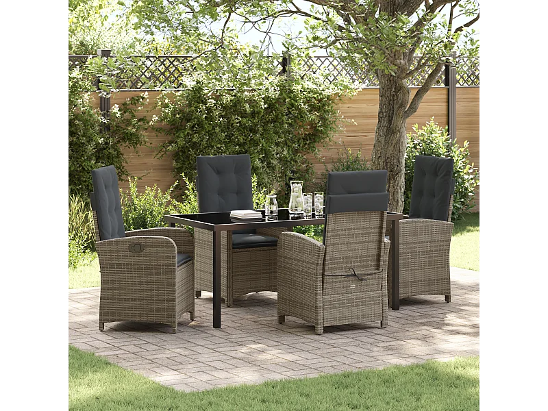 5-teiliges Garten-Essset mit grauen Kissen aus synthetischem Rattan