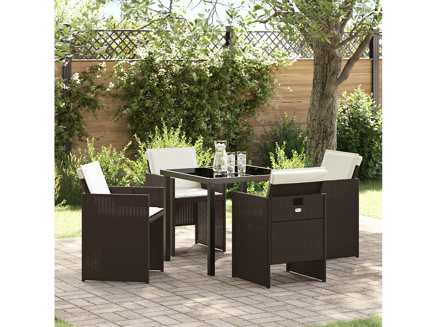 Ensemble repas de jardin 5 pièces avec coussins en poly rattan marron