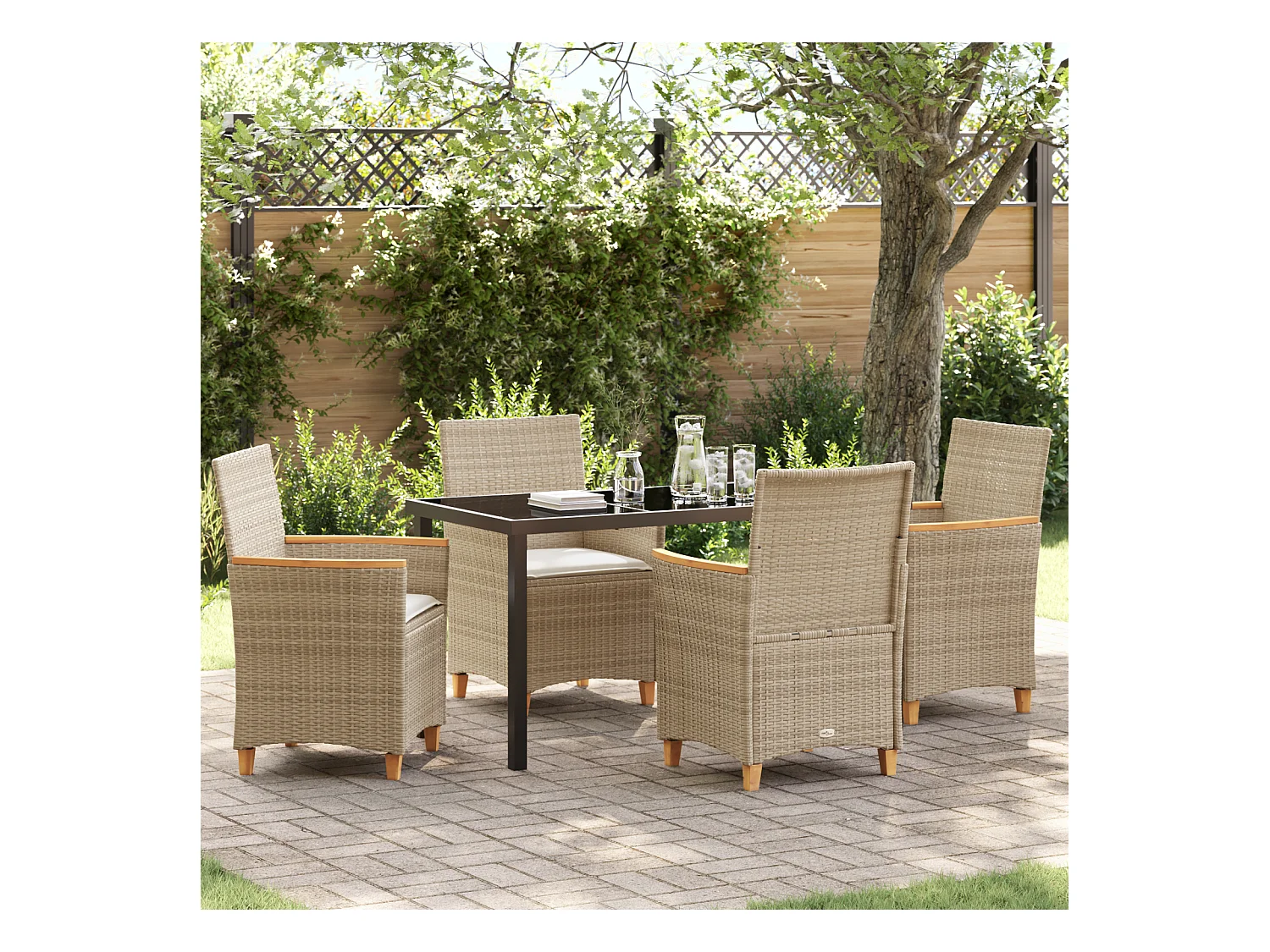 Ensemble de Salle à Manger de Jardin de 5 pièces avec Coussins Beige en Rattani Poly