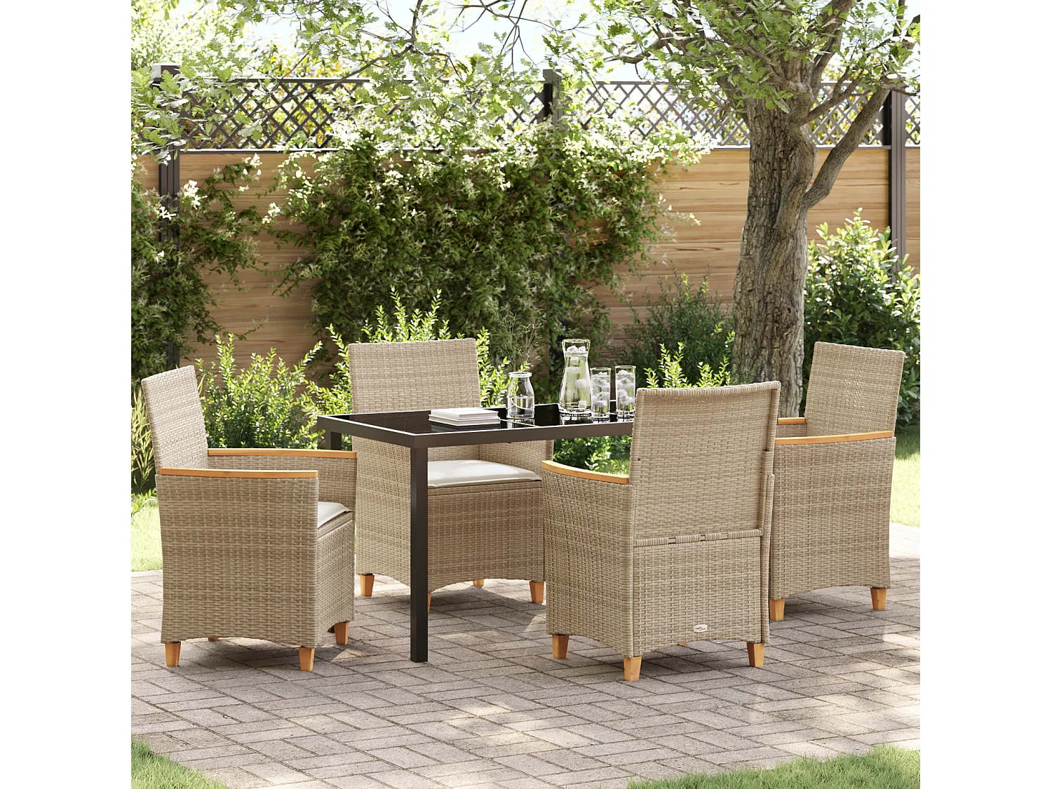 Ensemble de Salle à Manger de Jardin de 5 pièces avec Coussins Beige en Rattani Poly