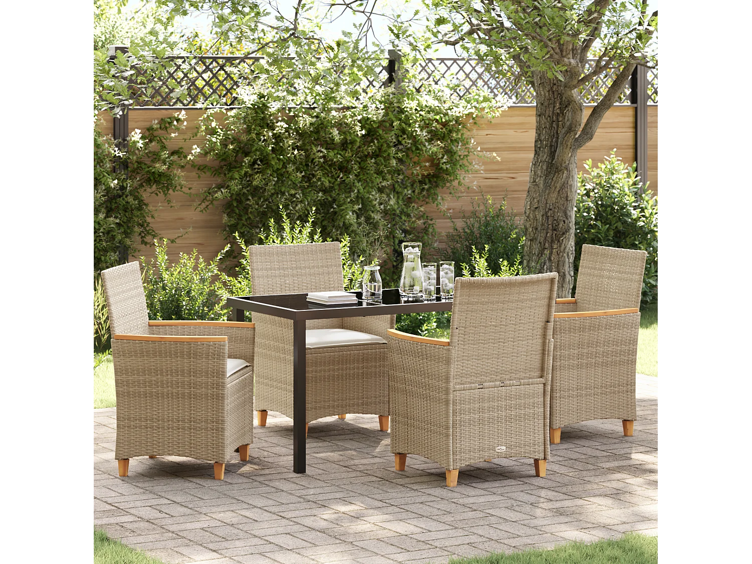 Ensemble de Salle à Manger de Jardin de 5 pièces avec Coussins Beige en Rattani Poly