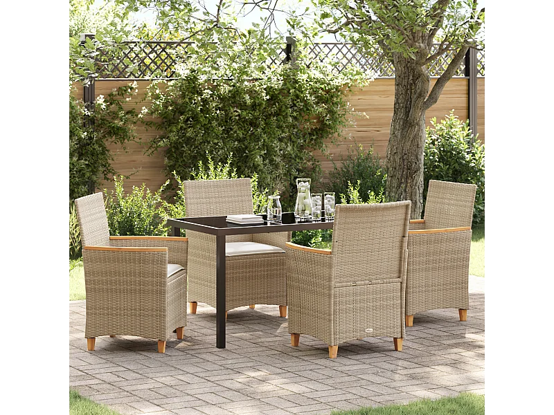 Ensemble de Salle à Manger de Jardin de 5 pièces avec Coussins Beige en Rattani Poly
