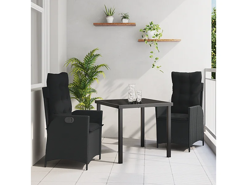 3-teiliges Garten-Essset mit schwarzen Polyrattan-Kissen