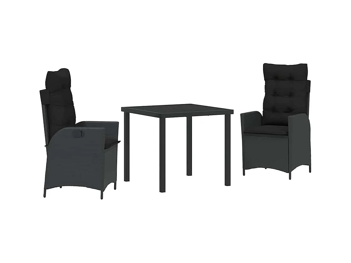 3-teiliges Garten-Essset mit schwarzen Polyrattan-Kissen