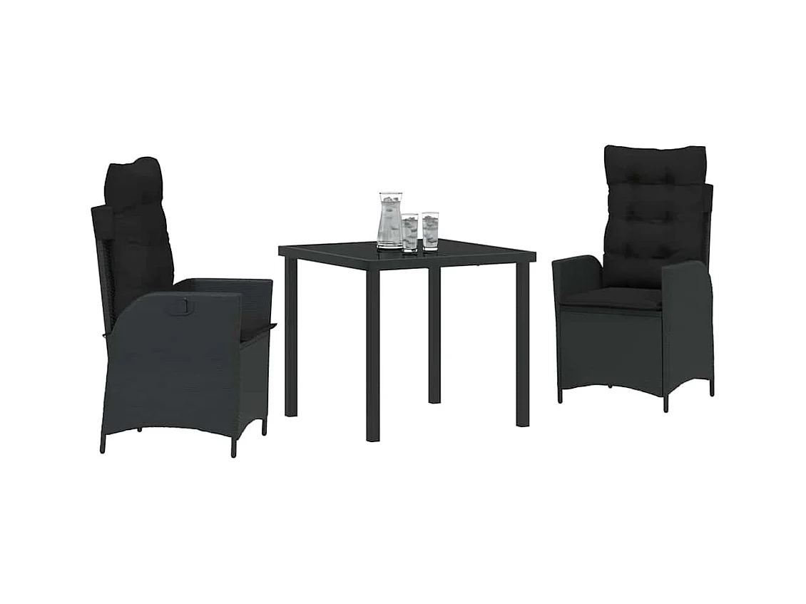 3-teiliges Garten-Essset mit schwarzen Polyrattan-Kissen