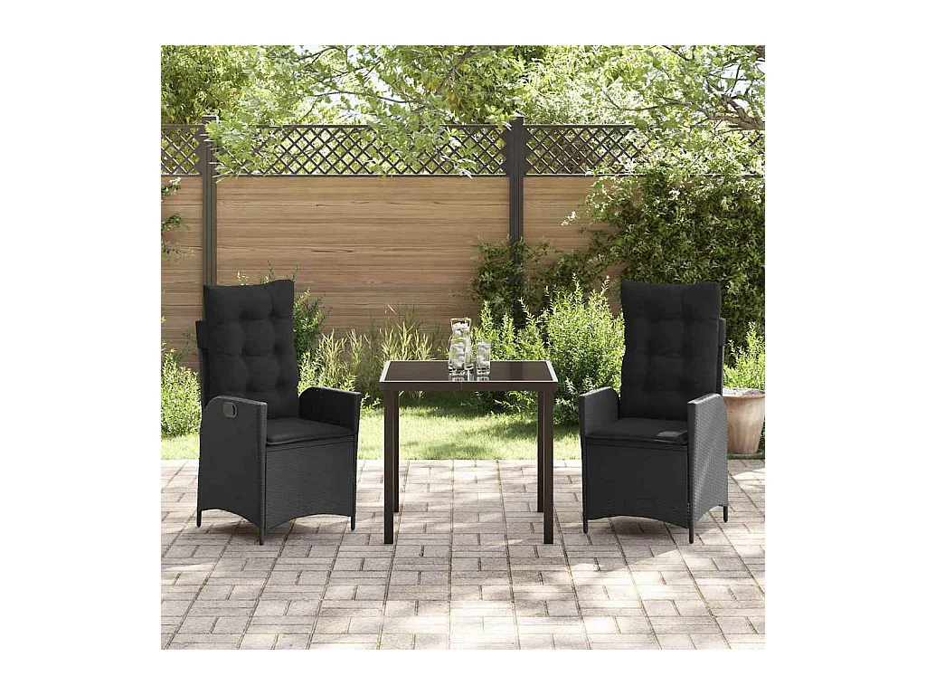 3-teiliges Garten-Essset mit schwarzen Polyrattan-Kissen