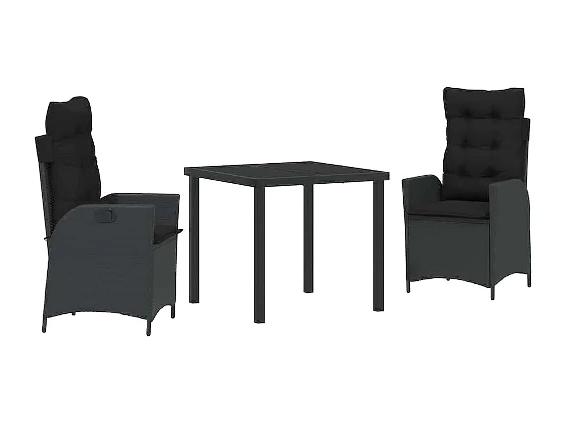 3-teiliges Garten-Essset mit schwarzen Polyrattan-Kissen