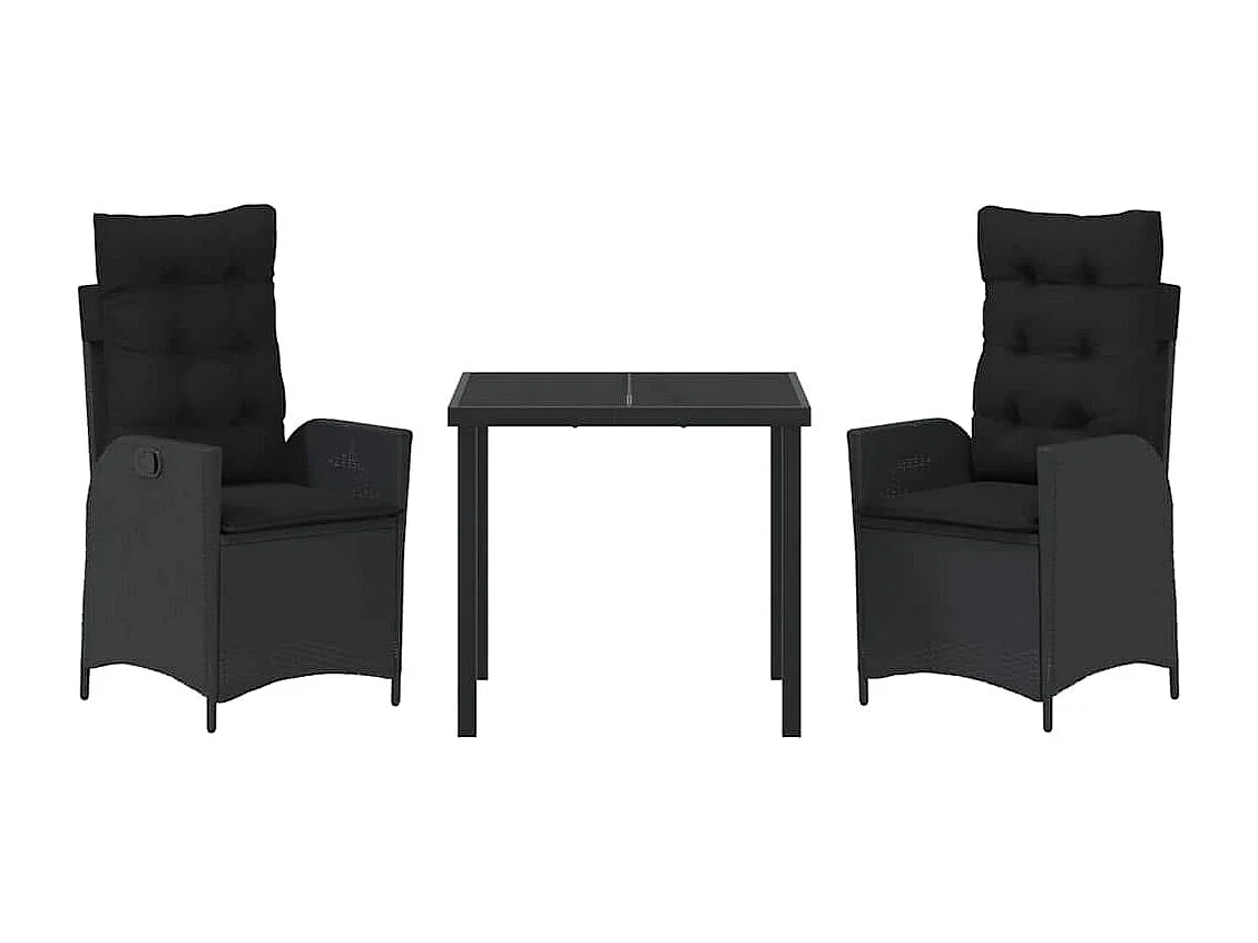 3-teiliges Garten-Essset mit schwarzen Polyrattan-Kissen
