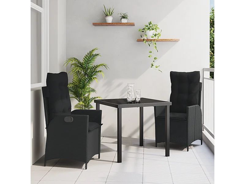 Set da pranzo da giardino 3 pezzi con cuscini in polyrattan nero