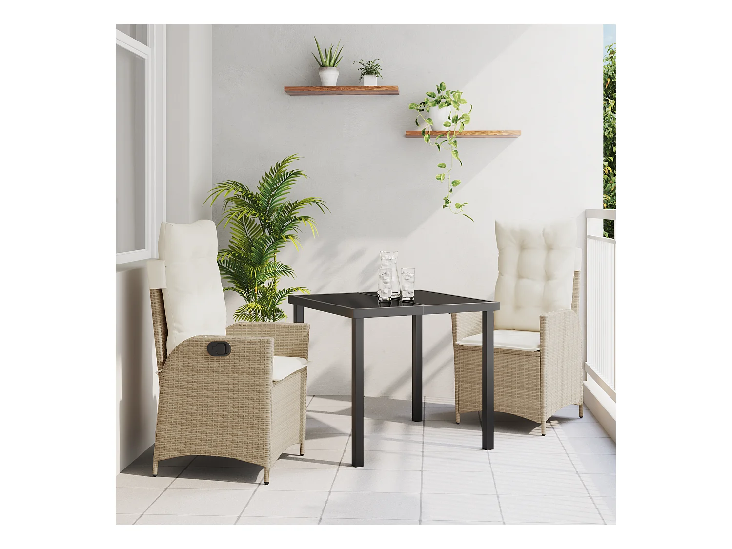 Ensemble de Salle à Manger de Jardin 3 Pièces avec Coussins Beige Poly Rattan