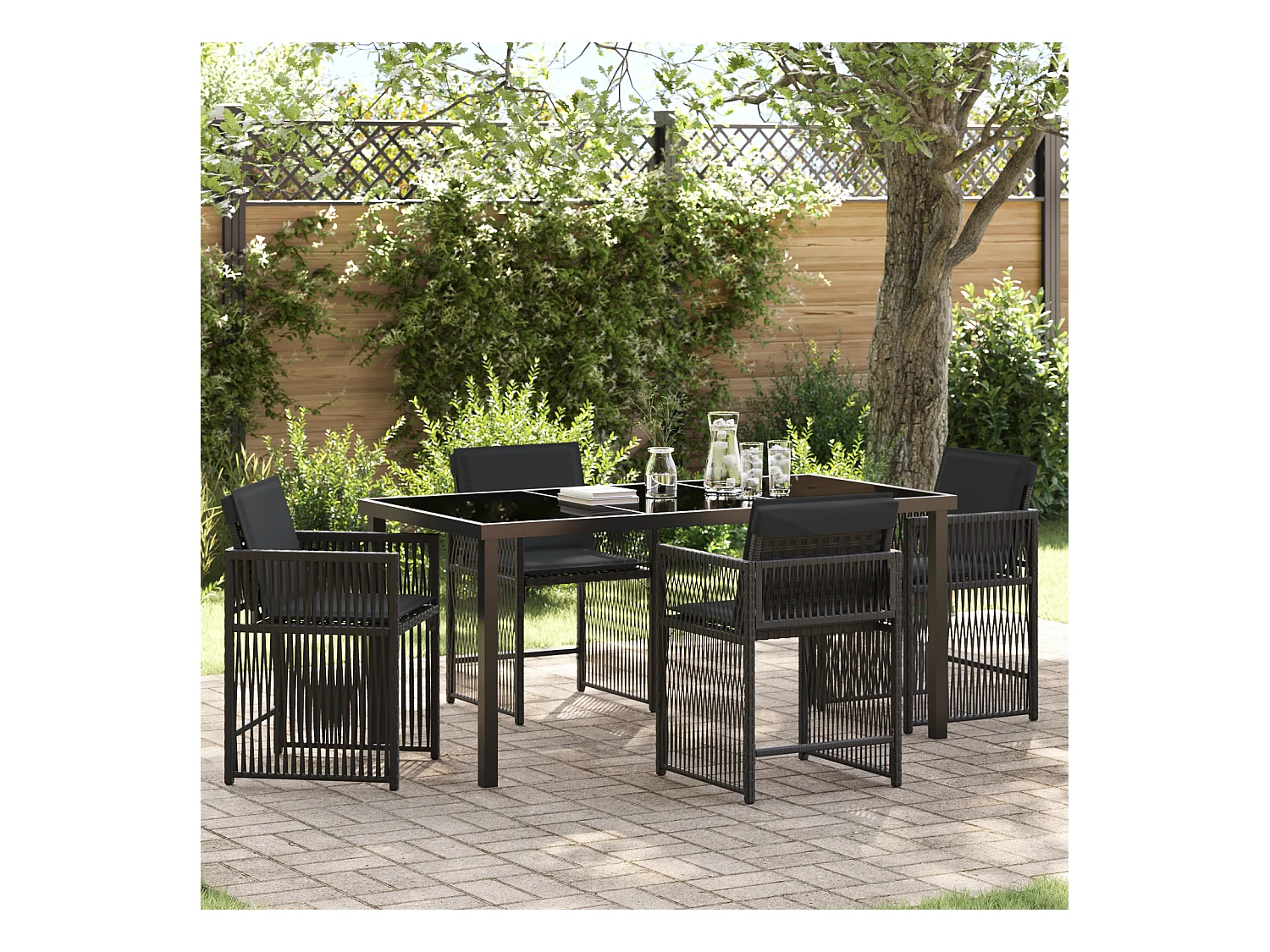 Set da pranzo da giardino 5 pezzi con cuscini in rattan nero PE