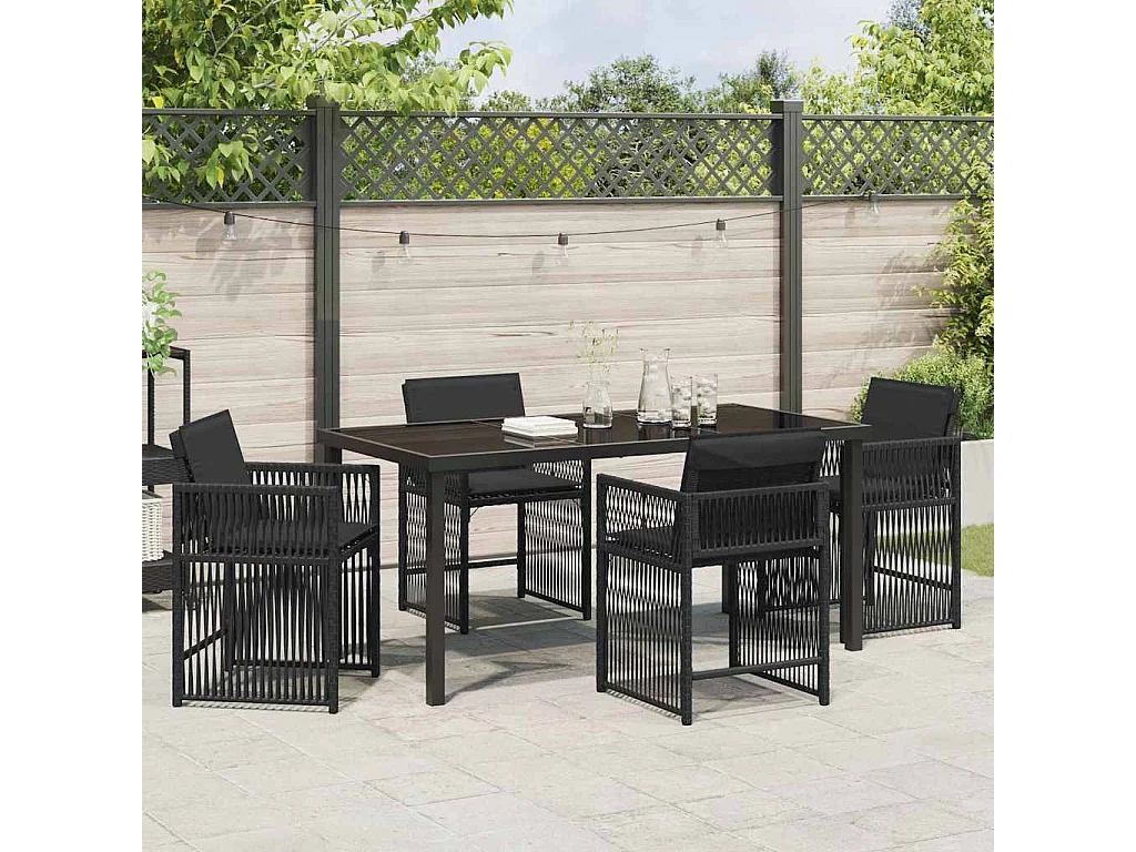 Ensemble de Salle à Manger de Jardin de 5 Pièces avec Coussins Noir Rattan PE